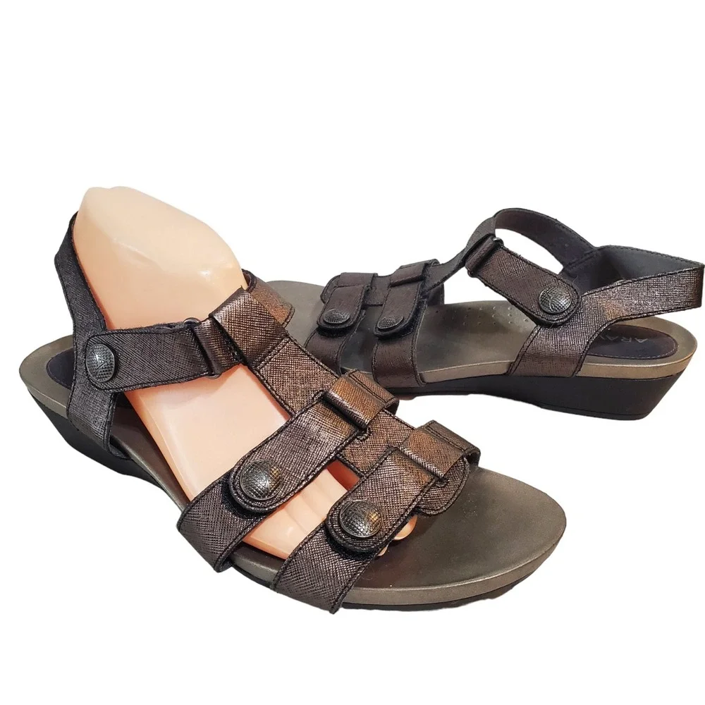 Aravon Rockport Standon‎ T Bar Metallic Size 11/42.5 Sandals CH0417 Adjustable